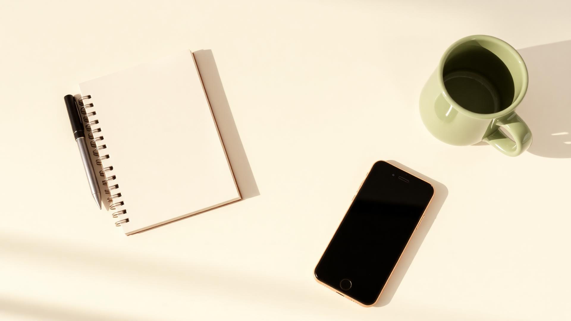 A notepad, a pen, a smartphone and a sage green mug on a cream surface